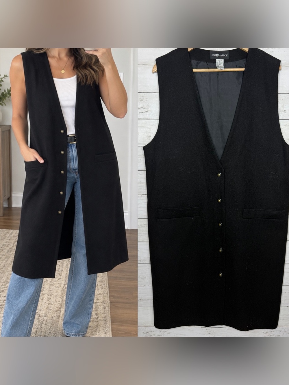 Vintage 90s Black Wool Longline Vest Waistcoat Academia Size 16